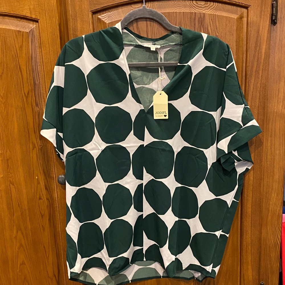 NWT JODIFL Dark Green Dot Print Blouse size small